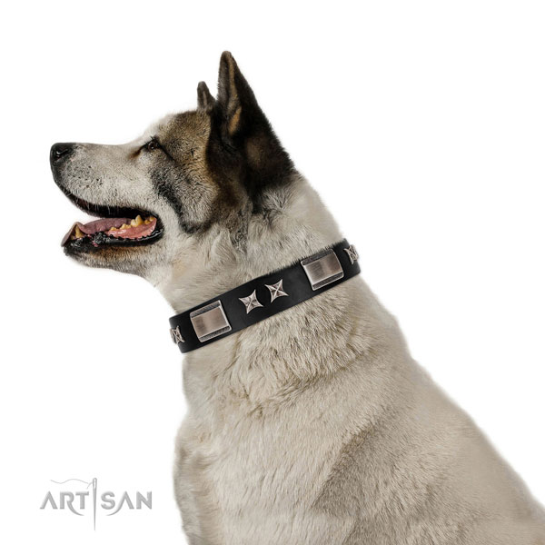 Easy wearing flexible full grain genuine leather dog collar with studs