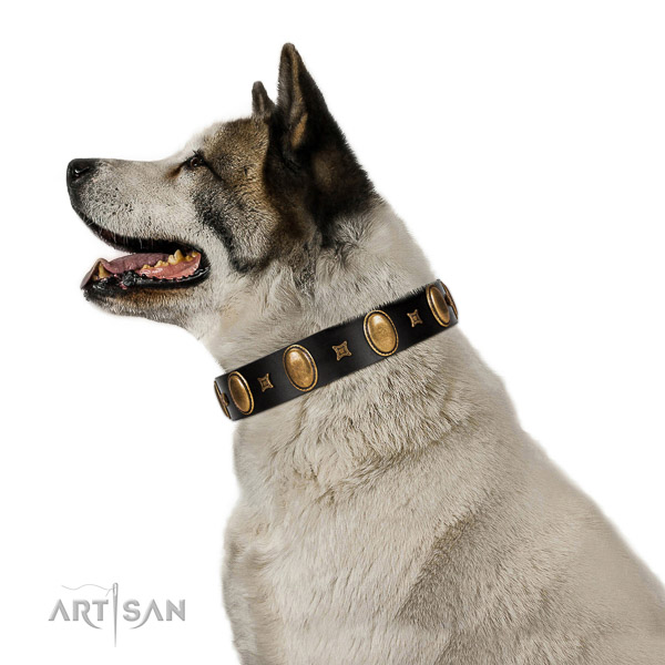 Designer embellished full grain genuine leather dog collar of soft material