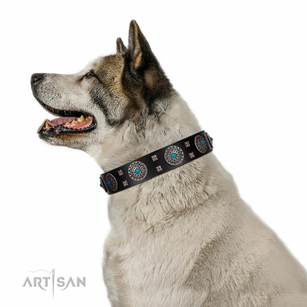 Handy use natural leather dog collar with unusual studs