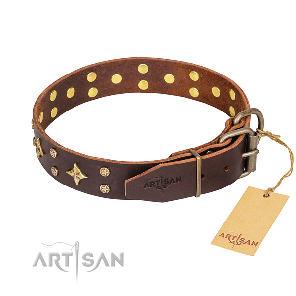 Everyday use genuine leather collar with decorations for your dog