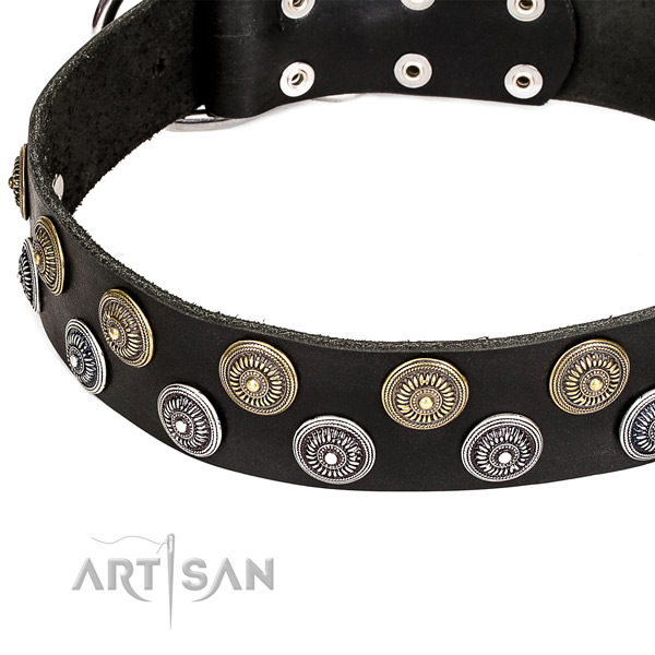 Natural genuine leather dog collar with stunning decorations