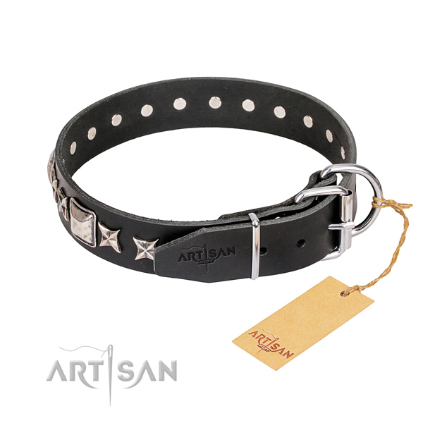 Handy use full grain natural leather collar with decorations for your doggie