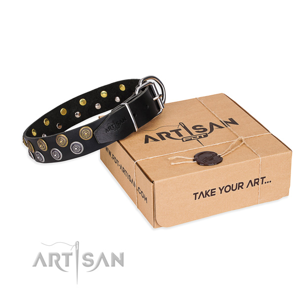 Natural genuine leather dog collar with embellishments for stylish walking