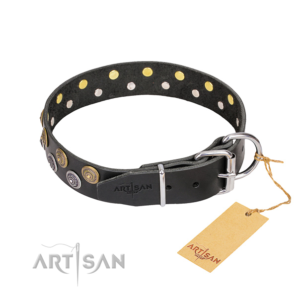 Stylish walking full grain genuine leather collar with studs for your four-legged friend