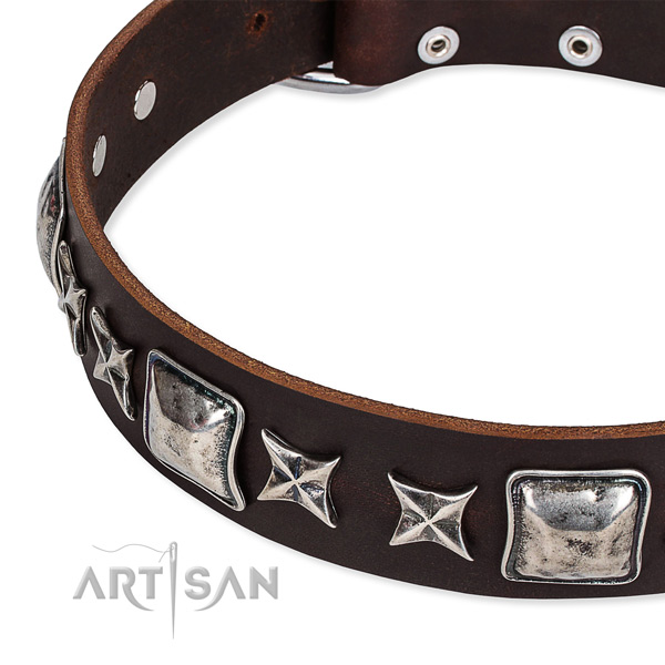 Full grain genuine leather dog collar with embellishments for easy wearing