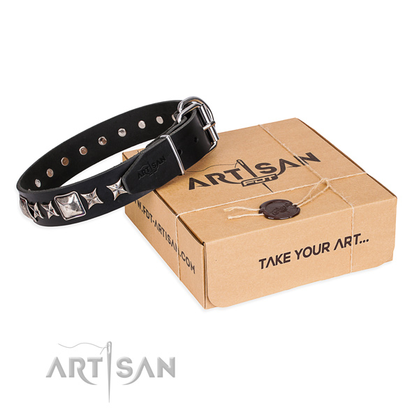 Adorned leather dog collar for easy wearing
