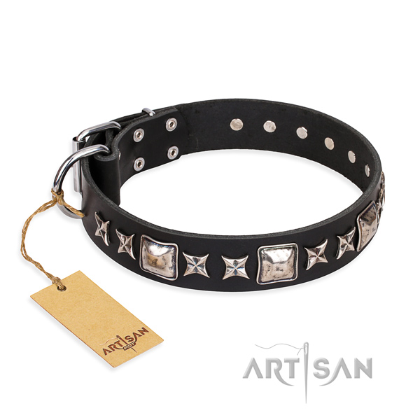 Top notch black leather dog collar for everyday walking