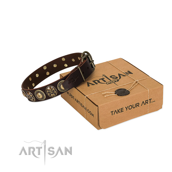 Decorated natural genuine leather dog collar for stylish walking
