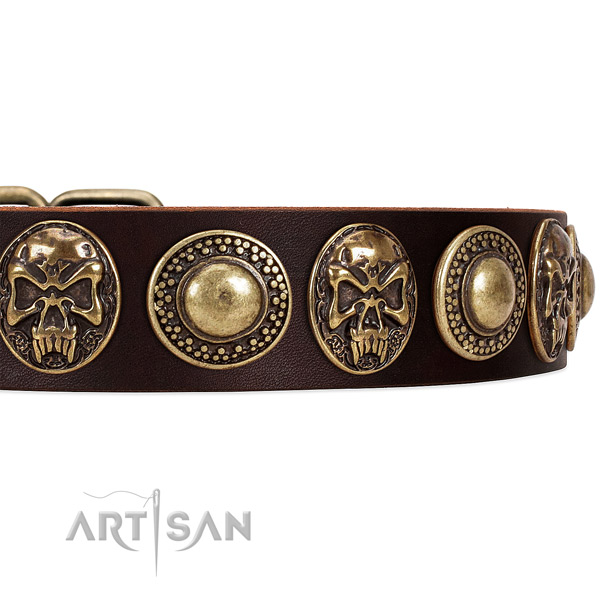 Natural genuine leather dog collar with adornments for comfy wearing