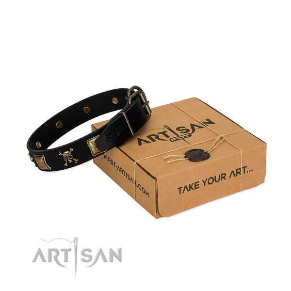 Soft to touch full grain natural leather dog collar with stylish embellishments