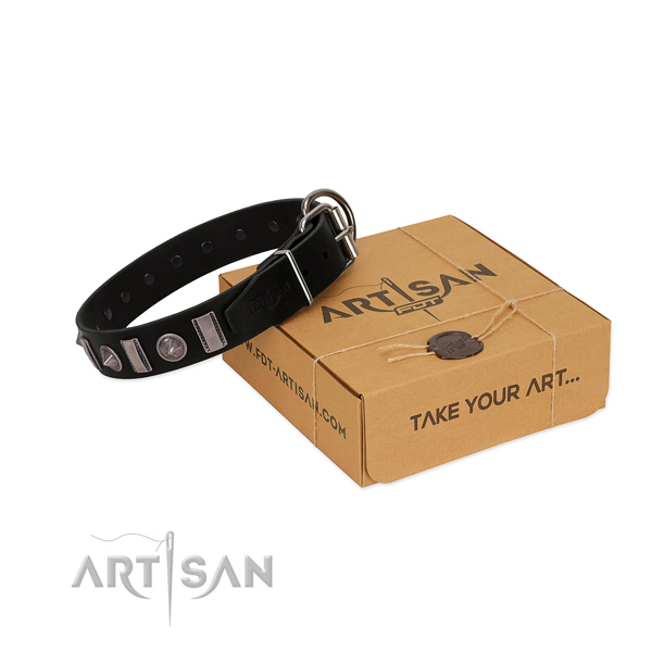 Durable full grain genuine leather dog collar with decorations for your canine