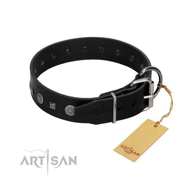 Corrosion resistant hardware on adorned leather dog collar