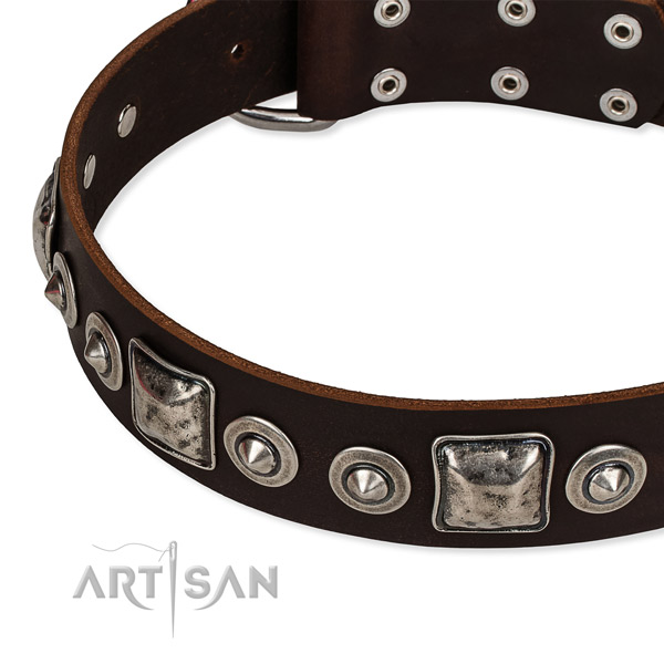 Leather dog collar made of gentle to touch material with adornments