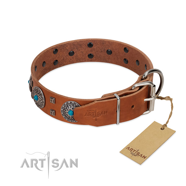 Soft to touch natural leather dog collar with decorations for everyday walking