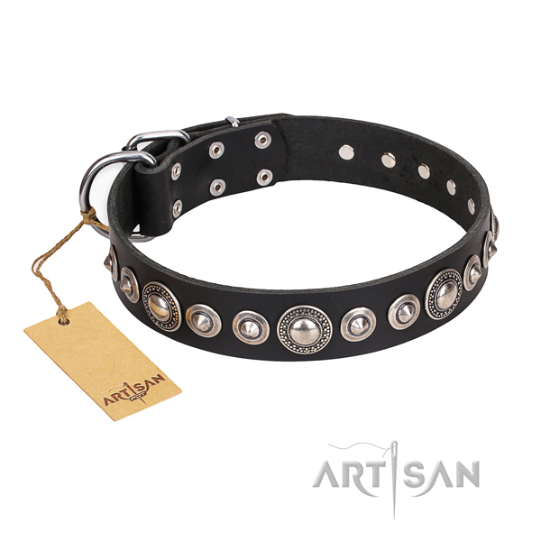 Leather dog collar made of soft to touch material with durable buckle