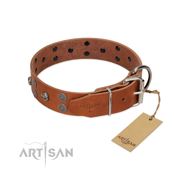 Flexible natural leather dog collar with decorations for comfortable wearing