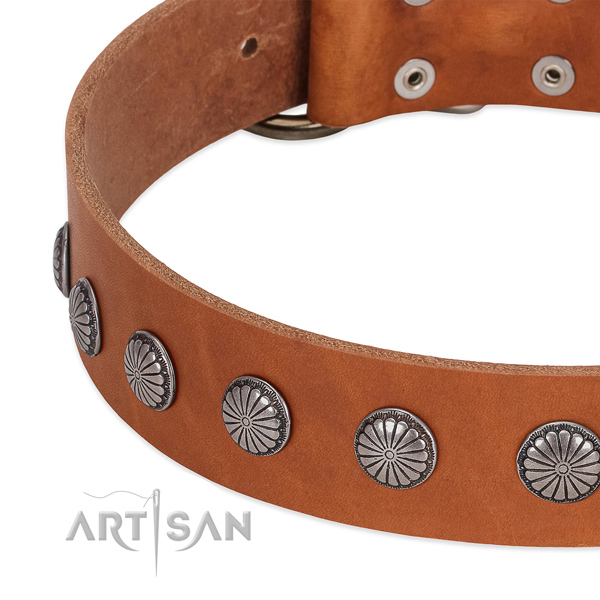 Flexible full grain natural leather dog collar with embellishments for easy wearing