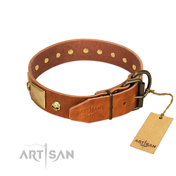 Soft genuine leather dog collar with rust-proof decorations