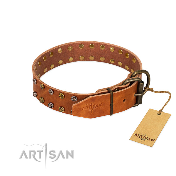 Easy wearing natural leather dog collar with significant adornments