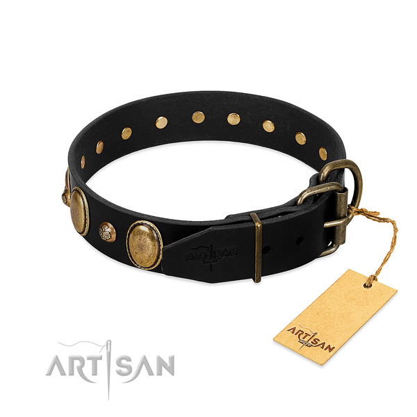 Rust-proof D-ring on natural genuine leather collar for walking your four-legged friend