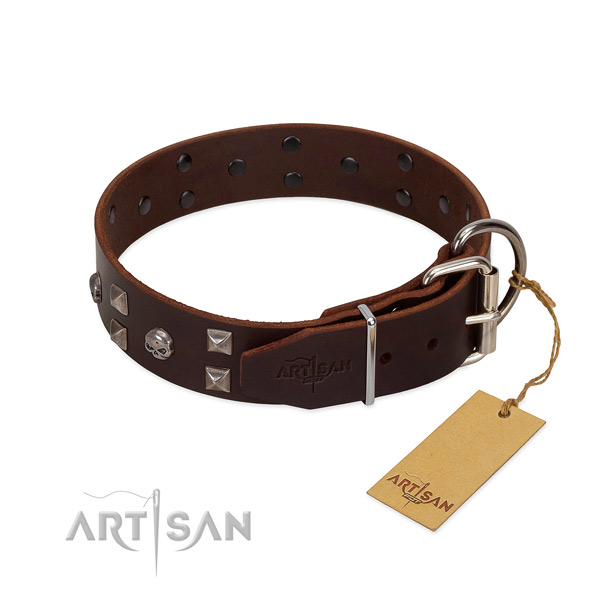 Adjustable natural leather dog collar with rust resistant hardware