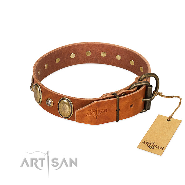 Top notch genuine leather dog collar with rust resistant traditional buckle