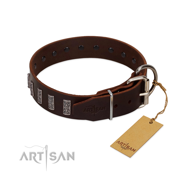 Strong buckle on genuine leather dog collar for everyday walking your pet
