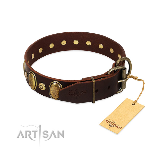 Full grain natural leather dog collar with corrosion proof decorations
