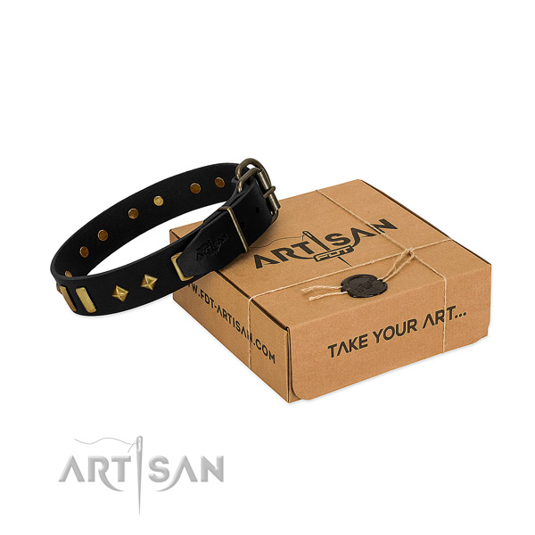 Soft to touch genuine leather dog collar with stylish design adornments
