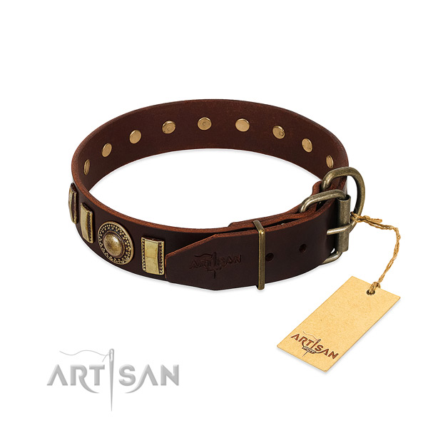 Embellished full grain natural leather dog collar with reliable traditional buckle