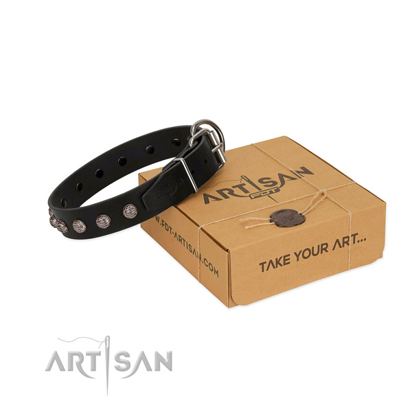 Flexible full grain genuine leather dog collar with designer decorations