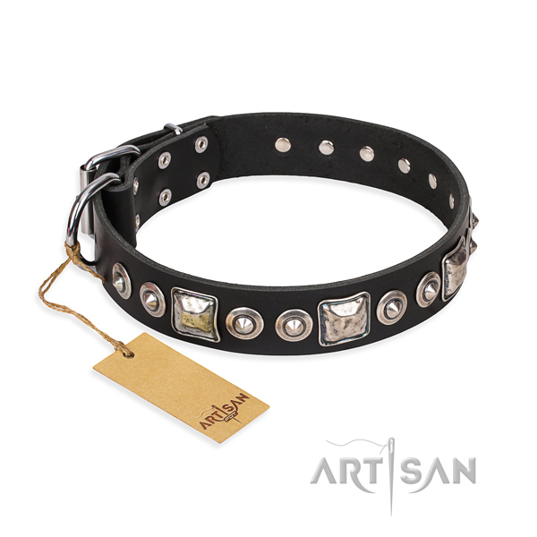 Leather dog collar made of gentle to touch material with corrosion proof buckle