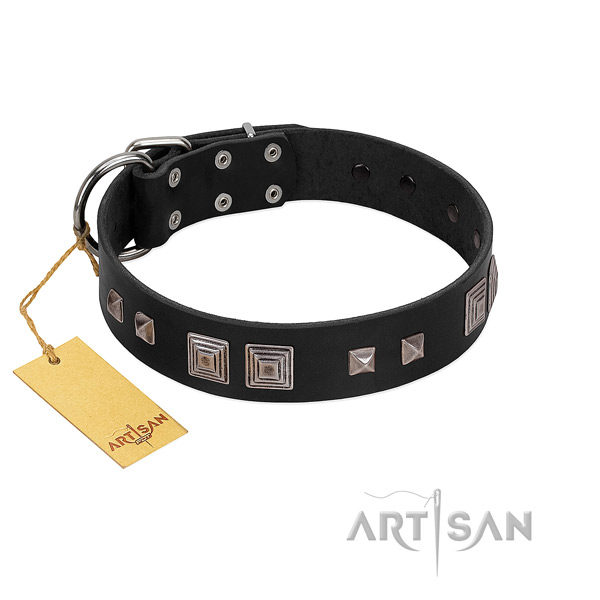 Strong hardware on full grain leather dog collar for easy wearing