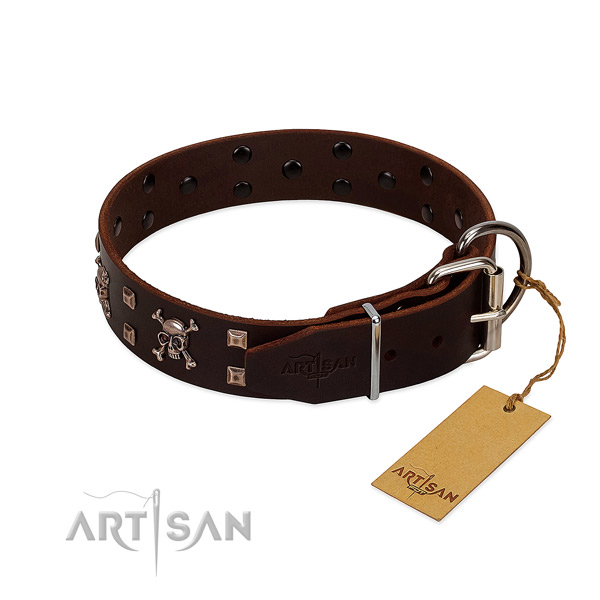 Handy use soft to touch natural leather dog collar with studs