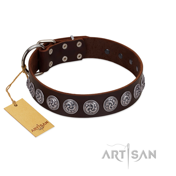 Strong D-ring on adorned full grain genuine leather dog collar