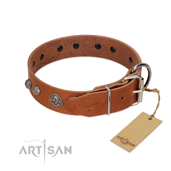 Rust resistant hardware on natural genuine leather dog collar for your doggie