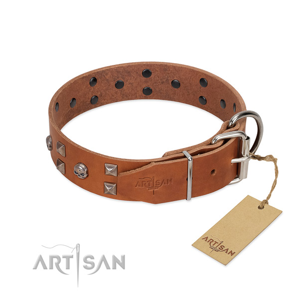 Unusual full grain genuine leather dog collar with reliable D-ring