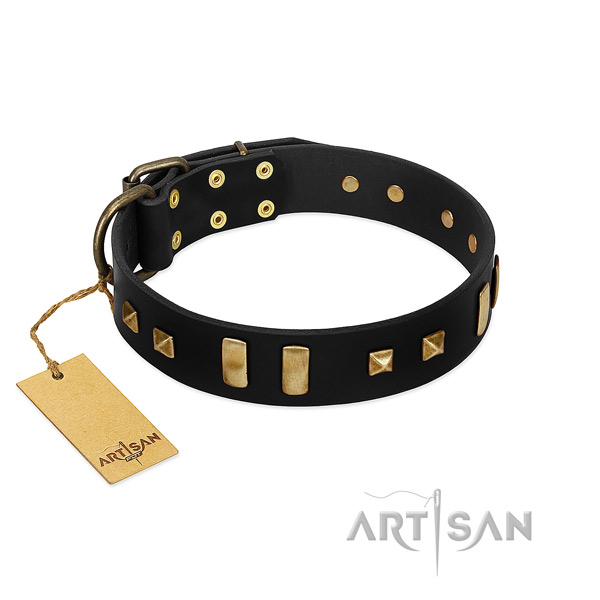Flexible full grain leather dog collar with embellishments for daily walking