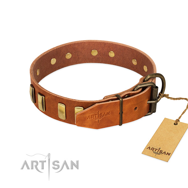 Soft full grain natural leather dog collar with strong buckle