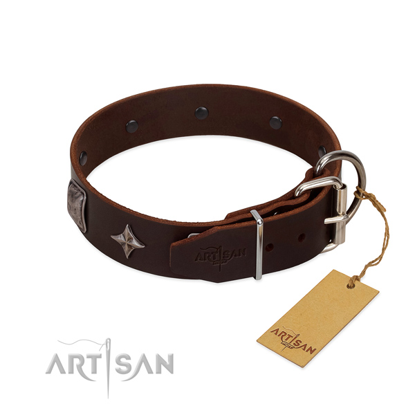 Reliable natural leather dog collar with stunning adornments