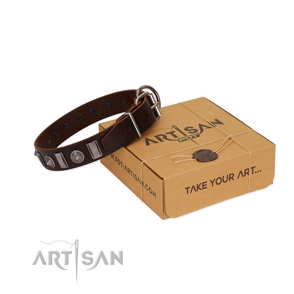 Easy wearing genuine leather dog collar with durable D-ring