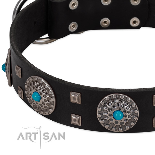 Reliable full grain genuine leather dog collar with trendy embellishments