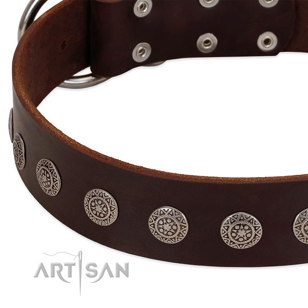 Easy to adjust dog collar of genuine leather with adornments