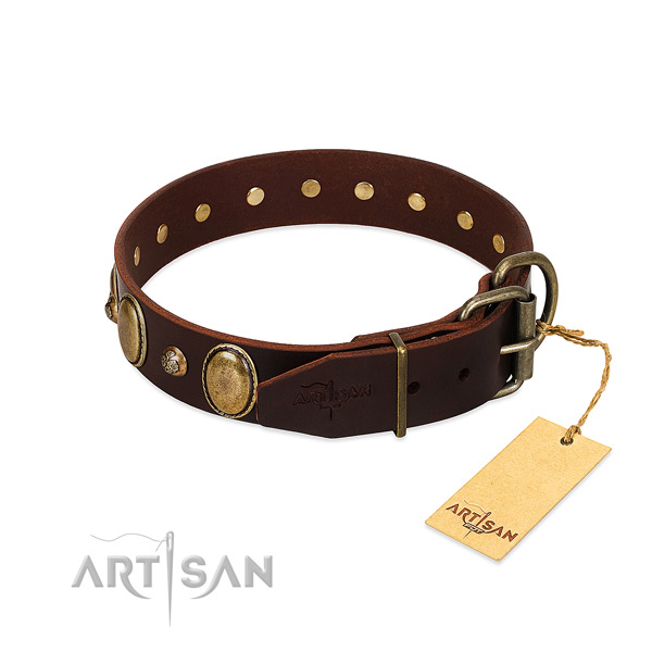 Strong hardware on natural genuine leather collar for daily walking your pet