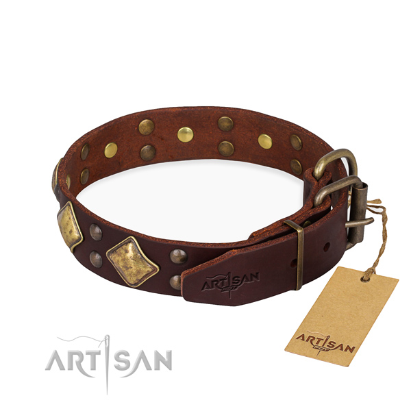Full grain genuine leather dog collar with stylish design rust resistant adornments