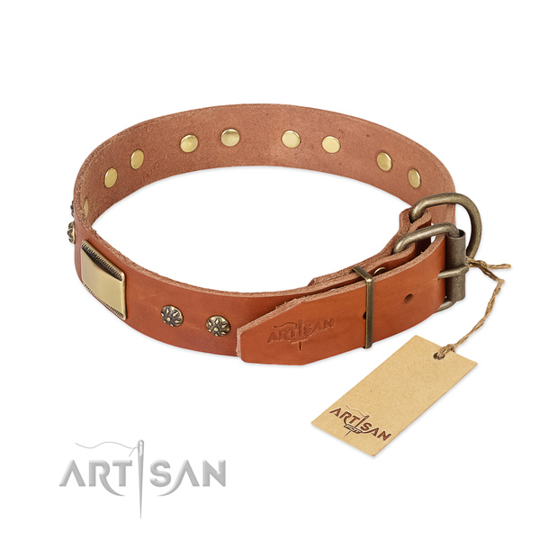 Leather dog collar with rust-proof buckle and studs