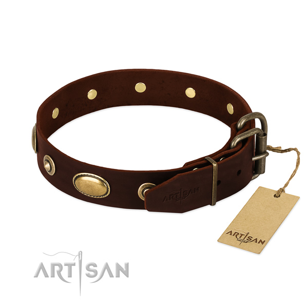 Durable D-ring on full grain natural leather dog collar for your pet