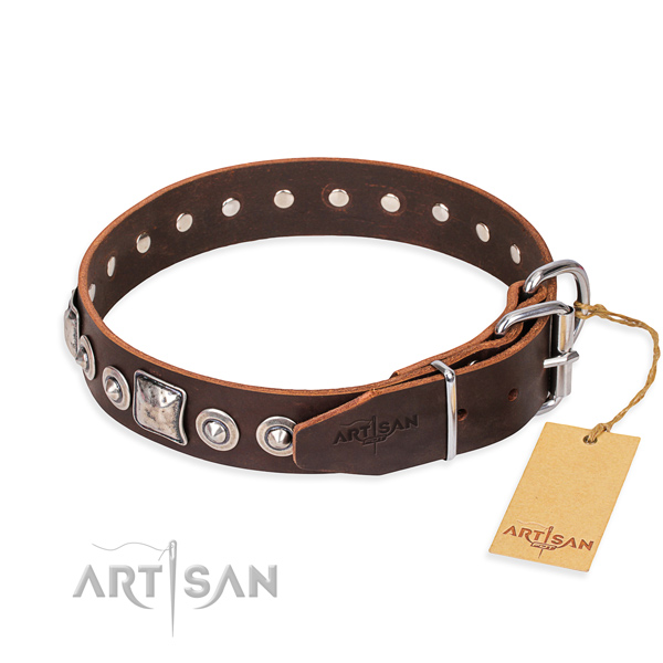 Full grain leather dog collar made of soft to touch material with corrosion resistant studs