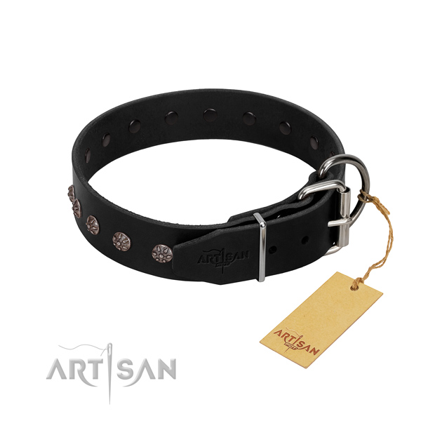 Gentle to touch genuine leather dog collar with studs for comfortable wearing