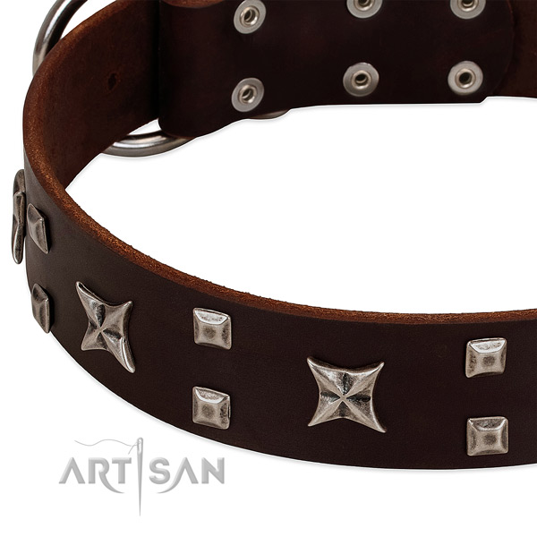 Gentle to touch full grain genuine leather dog collar with embellishments for comfortable wearing